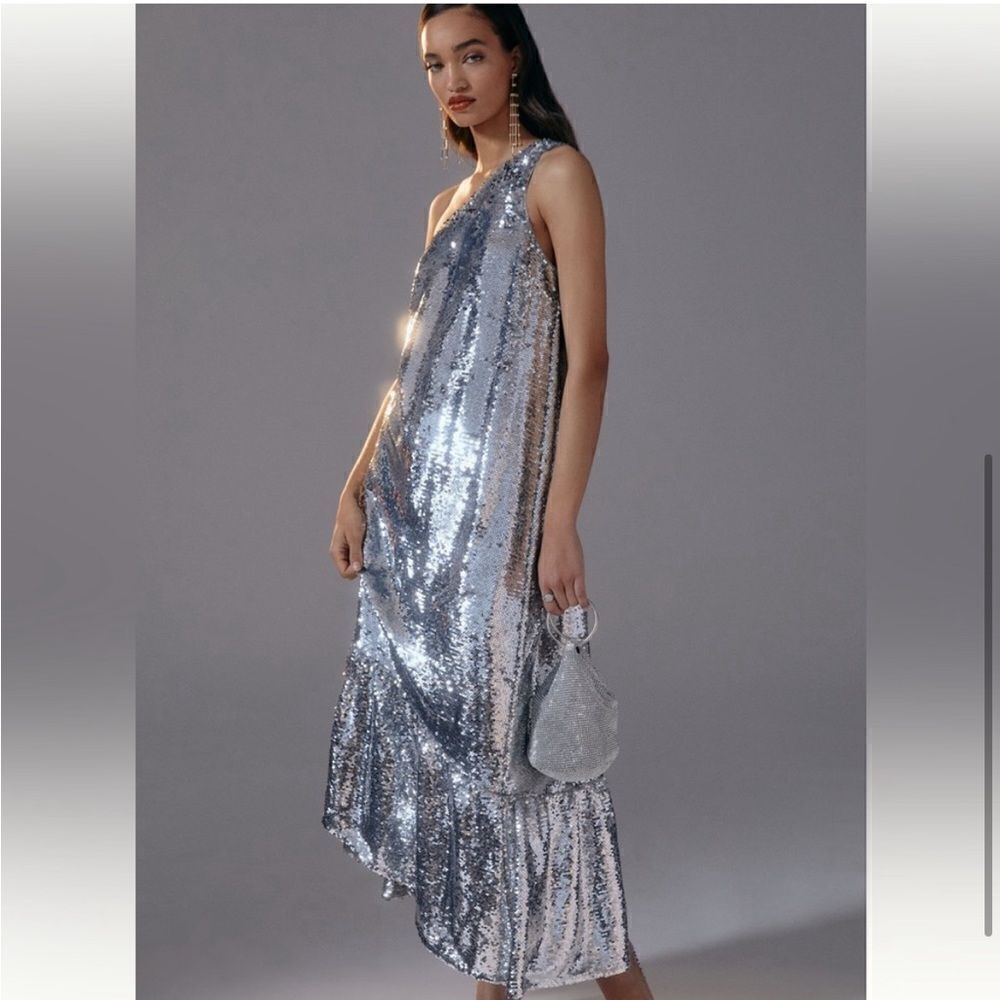 NEW Anthropologie Maeve Sequin One Shoulder Ruffle Midi Dress Silver - Picture 13 of 13